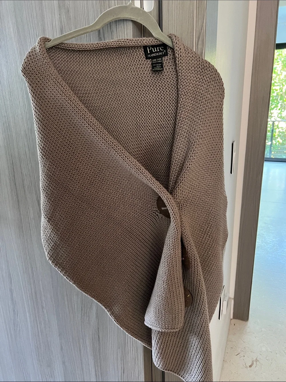 PURE HANDKNIT OS scarf taupe w/ coconut shell buttons 100% cotton